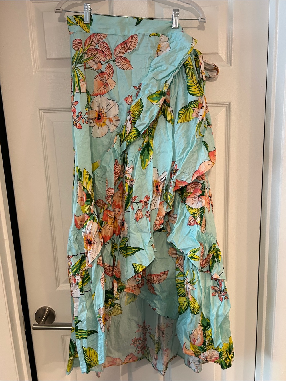 New York & Company Aqua Tropical Floral High-Low Wrap Skirt